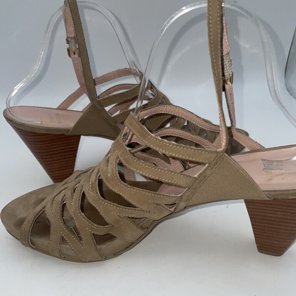 Stuart Weitzmam Tan Leather Cone Heels Strappy Sandals Neutral Women's Size 11.5 - Picture 9 of 10